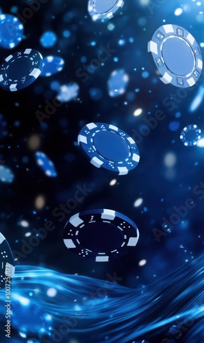 This dynamic illustration shows blue casino chips floating above a rushing wave of water. The scene combines the themes of chance and fluidity, with glowing lights enhancing the dramatic atmosphere