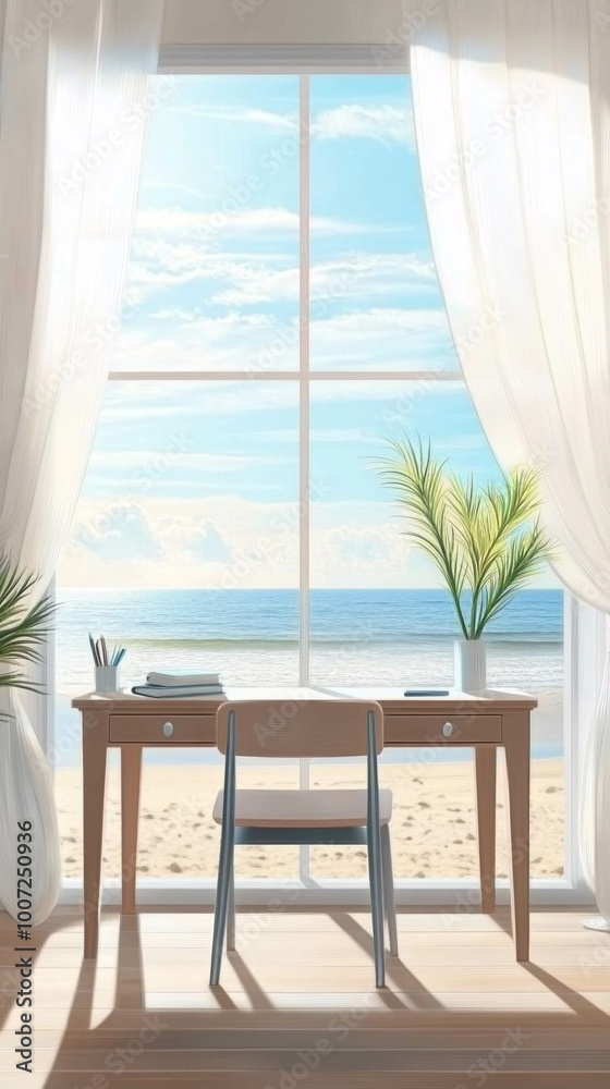 Obraz premium Vertical Illustration of a work table in front of a bright window with a light blue ocean view
