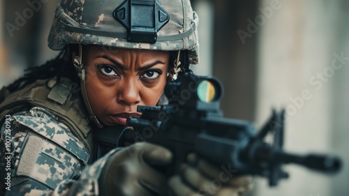 A determined female soldier in combat gear aims her rifle with precision, displaying focus and readiness in a tactical mission.