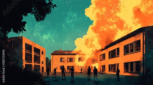 Dramatic illustration of a school building engulfed in flames with silhouettes of people watching in shock. photo