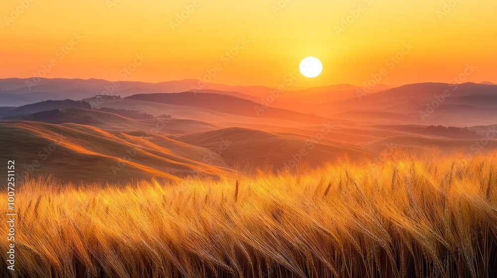 Golden sunset over rolling hills with wheat field in foreground.