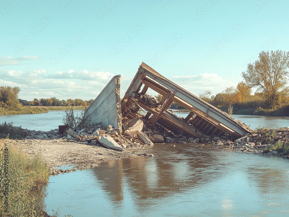Collapsed bridge over calm river bank on sunny day, ruins and water reflections, natural landscape, trees and blue sky background. Collapsed bridge over calm river bank on sunny day, ruins and water reflections, natural landscape, trees and blue sky background.