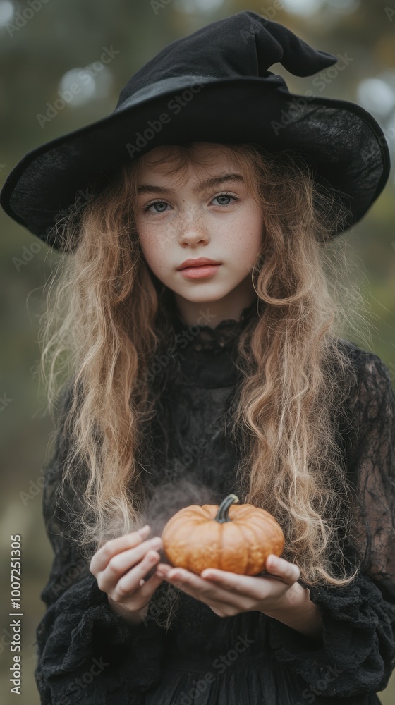 A little girl in a witch costume holding a pumpkin