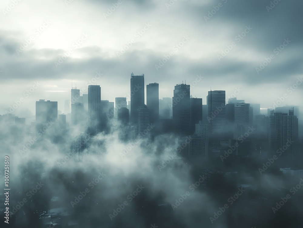 Dramatic cityscape of fog-covered skyscrapers with moody weather. Silhouetted buildings creating an atmospheric urban scene. Dramatic cityscape of fog-covered skyscrapers with moody weather. Silhouetted buildings creating an atmospheric urban scene.
