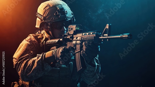 A heavily armed tactical soldier aims his rifle in a dark, high-stakes environment, prepared for an intense military operation.