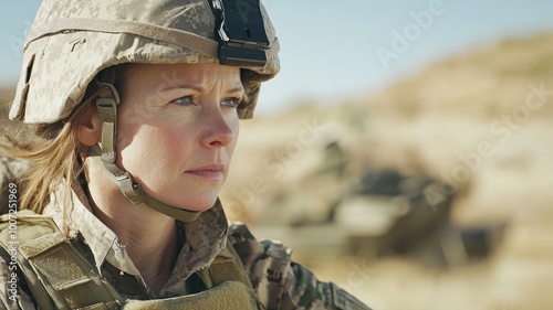 Close-up of a focused female soldier in full combat gear, standing in a desert environment with military vehicles in the background.