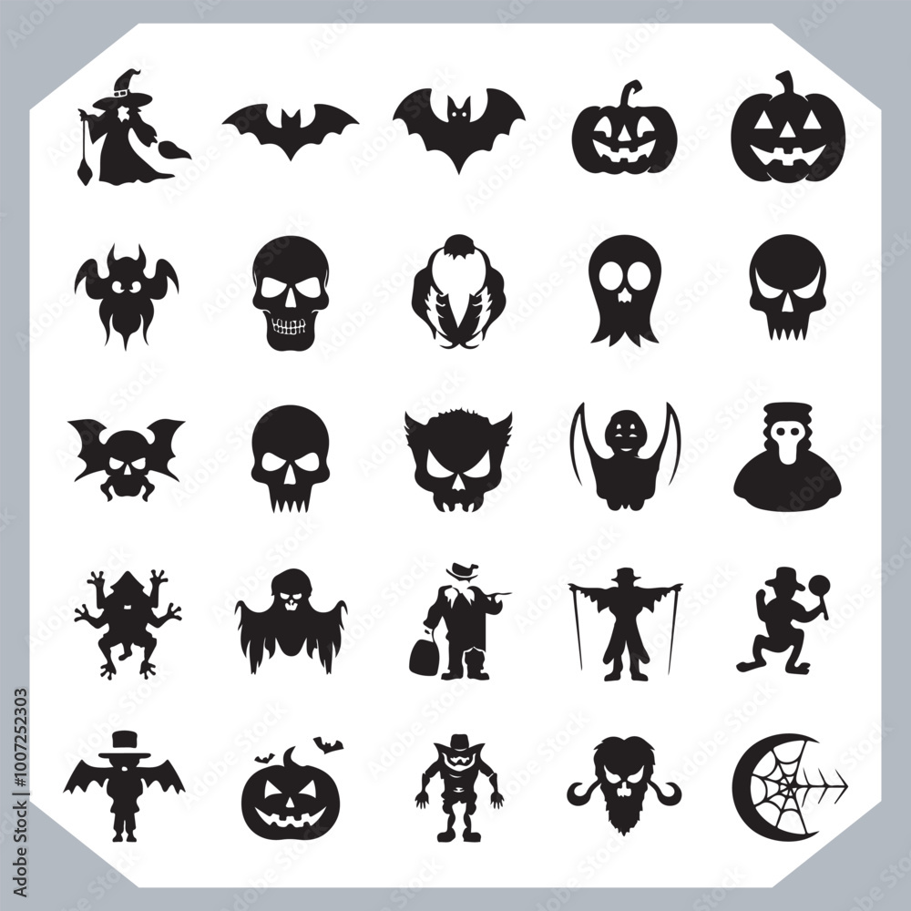 Obraz premium Set of logotype different type of black simple Halloween vector illustration silhouettes in white background, collection of Halloween silhouettes