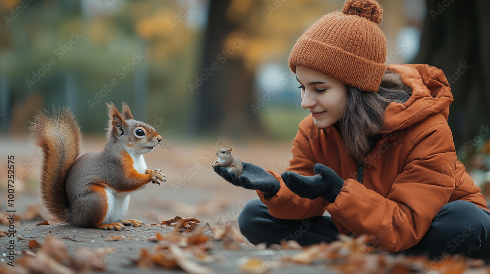 a girl in winter clothing holding a baby squirrel alongside its mother, showcasing compassion and love for nature