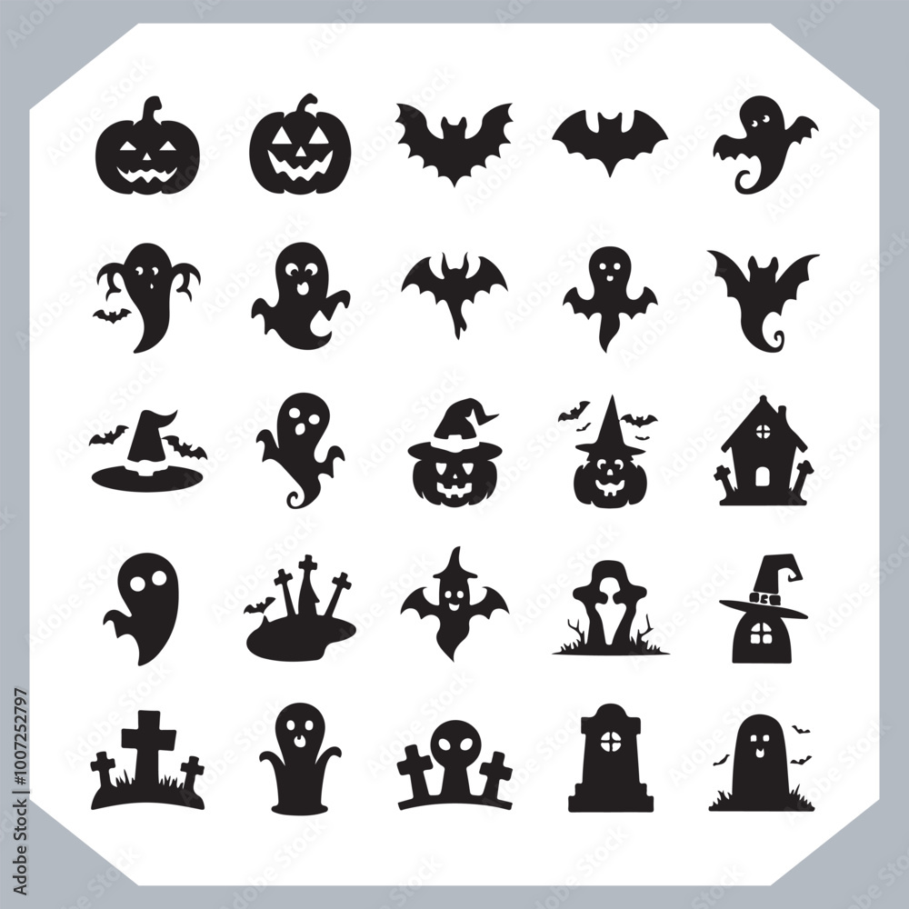 Fototapeta premium Set of logotype different type of black simple Halloween vector illustration silhouettes in white background, collection of Halloween silhouettes