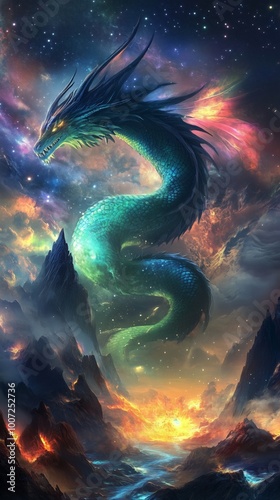 Mystical dragon coiling glowing mountains starlit sky radiant presence vibrant colors stunning visuals. AI generated