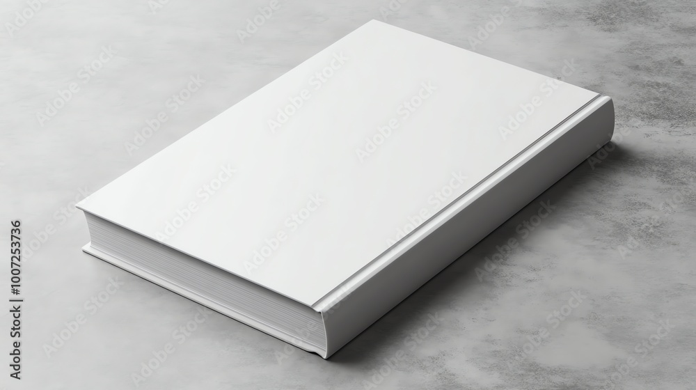Fototapeta premium A blank white book lies closed on a light gray surface. The book is in focus, while the background is slightly blurred.