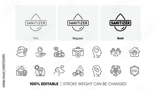Medical insurance, Mental health and Eco organic line icons. Pack of Clean hands, Sun protection, Cardio bike icon. Cream, Hand sanitizer, Depression treatment pictogram. Pillow. Line icons. Vector
