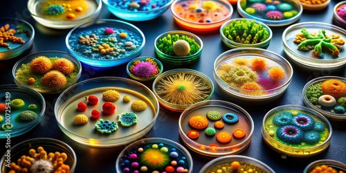 A Colorful Symphony of Life Petri Dishes with Vibrant Microorganism Cultures, Microbiology, Science , Petri Dish