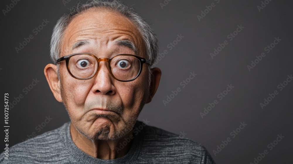 Portrait of an elderly Asian man wearing glasses with a deeply confused expression, set against a soft gray background with gentle lighting. Portrait of an elderly Asian man wearing glasses with a deeply confused expression, set against a soft gray background with gentle lighting.