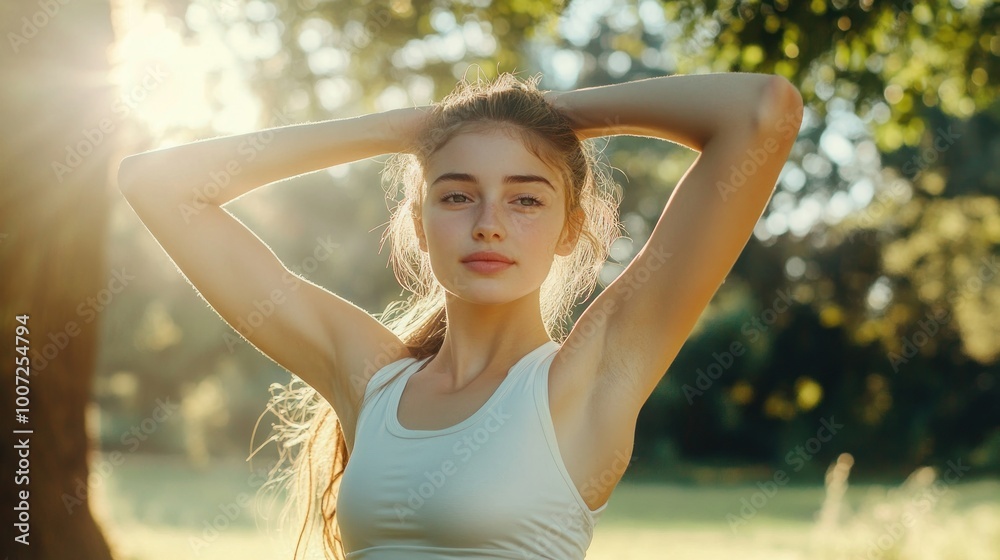 Portrait of a young woman in a white tank top with her arms raised above her head, outdoors in a park with trees in the background, soft light. Portrait of a young woman in a white tank top with her arms raised above her head, outdoors in a park with trees in the background, soft light.
