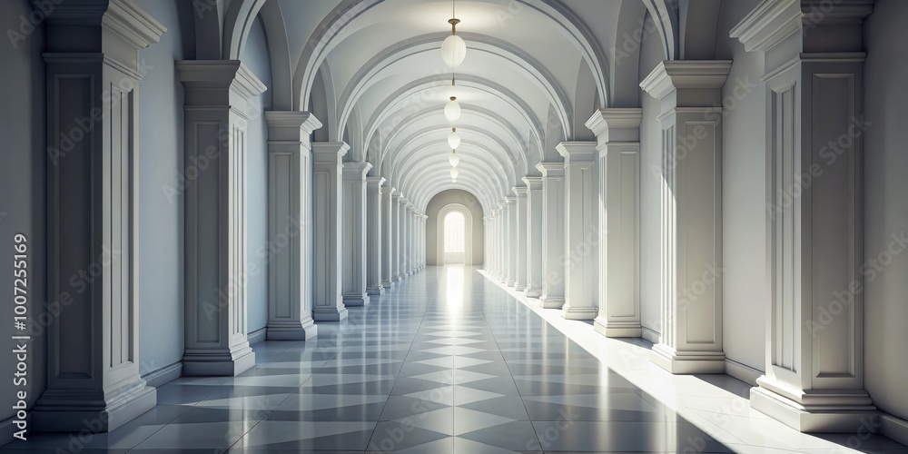 Arched Hallway with Sunlit Floor, 3D Rendering, Interior Design, Architectural Perspective, Arch, Colonnade, Sunlight Arched Hallway with Sunlit Floor, 3D Rendering, Interior Design, Architectural Perspective, Arch, Colonnade, Sunlight