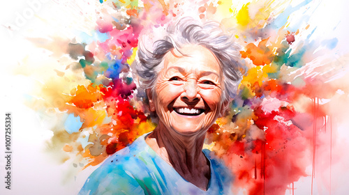 Portrait of a beautiful cheerful elderly woman in watercolor with an abstract colored background. Happy senior woman enjoying of life, active lifestyle, emotional health.