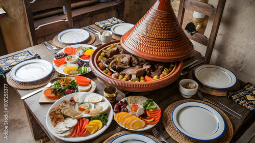 A rustic table set with a large tagine, filled with spiced lamb and vegetables, surrounded by colorful plates of mezze. 