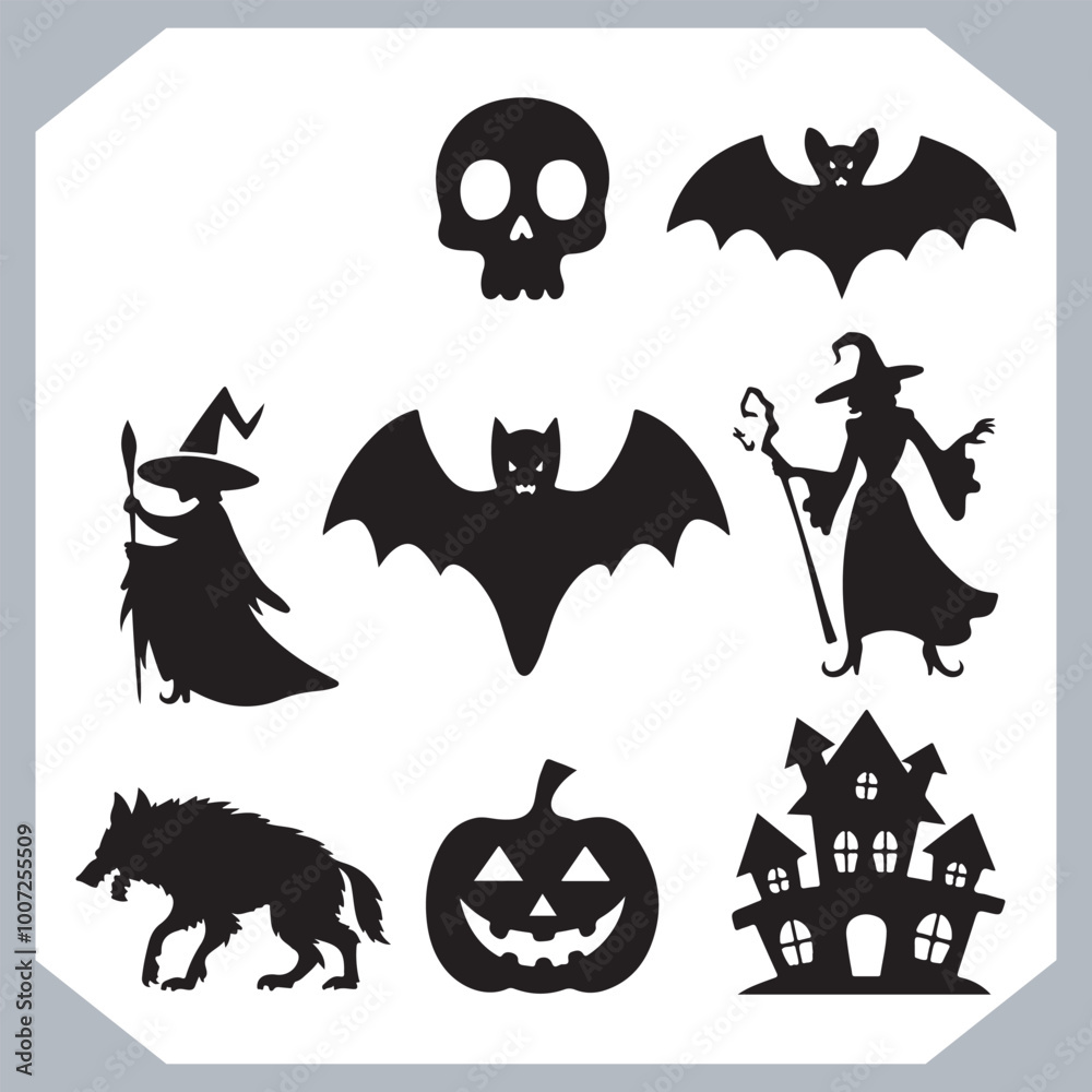 Obraz premium Set of logotype different type of black simple Halloween vector illustration silhouettes in white background, collection of Halloween silhouettes
