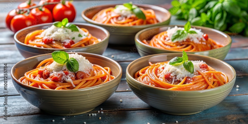 Close-up of a bowl of spaghetti with tomato sauce, mozzarella cheese, and basil, rustic wooden table background, Italian cuisine, pasta, dinner Close-up of a bowl of spaghetti with tomato sauce, mozzarella cheese, and basil, rustic wooden table background, Italian cuisine, pasta, dinner