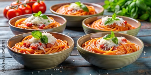 Close-up of a bowl of spaghetti with tomato sauce, mozzarella cheese, and basil, rustic wooden table background, Italian cuisine, pasta, dinner