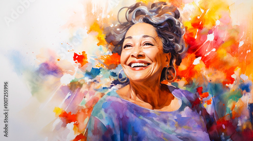 Portrait of a beautiful cheerful elderly woman in watercolor with an abstract colored background. Happy senior woman enjoying of life, active lifestyle, emotional health.