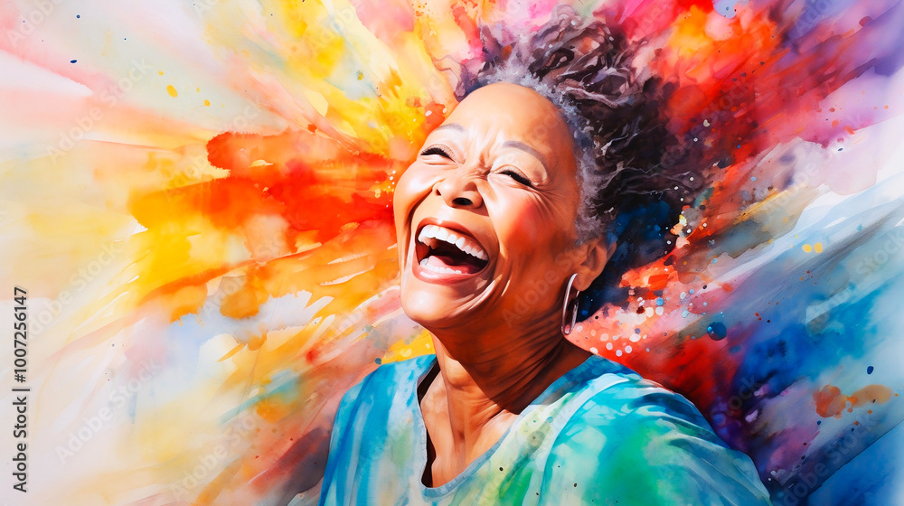 Portrait of a beautiful cheerful elderly woman in watercolor with an abstract colored background. Happy senior woman enjoying of life, active lifestyle, emotional health. Portrait of a beautiful cheerful elderly woman in watercolor with an abstract colored background. Happy senior woman enjoying of life, active lifestyle, emotional health.