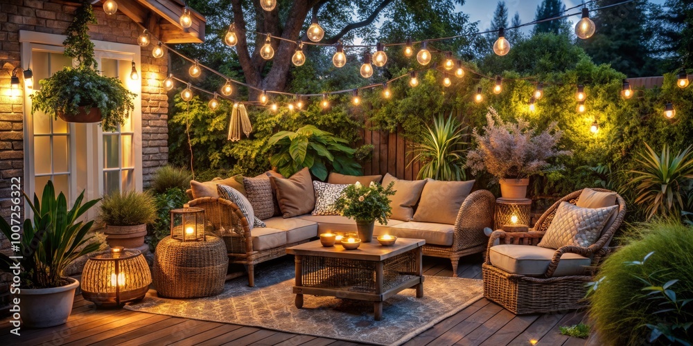 Cozy Patio With String Lights At Twilight, Patio Furniture, Outdoor Lighting, Backyard, ,string lights ,twilight