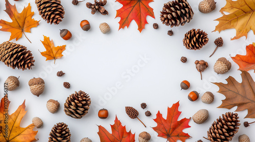 Fall themed background with leaves, pine cones, and acorns with copy space made white paper