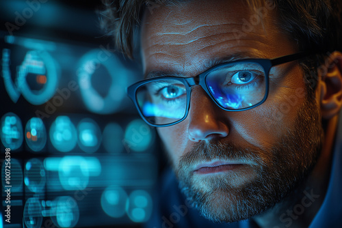 A financial analyst at a sleek desk, studying charts and graphs projected on a transparent screen.