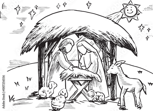 Sketch Christmas Scene. Christian cartoon vector illustration in black and white. eps