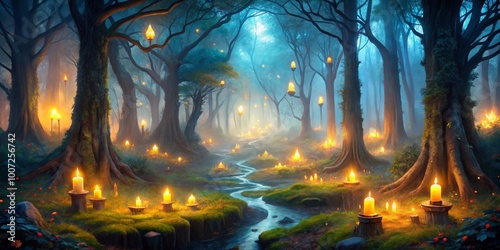 Enchanted Forest Path with Candles, Digital Painting, Magical Forest, Candlelight, Stream, Forest Path, Fantasy