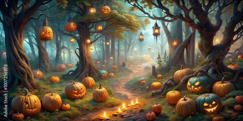 Enchanted Halloween Forest with Jack-O-Lanterns and Glowing Lanterns, Digital Painting, Fantasy, Halloween, Autumn, Jack-o-Lantern, Forest