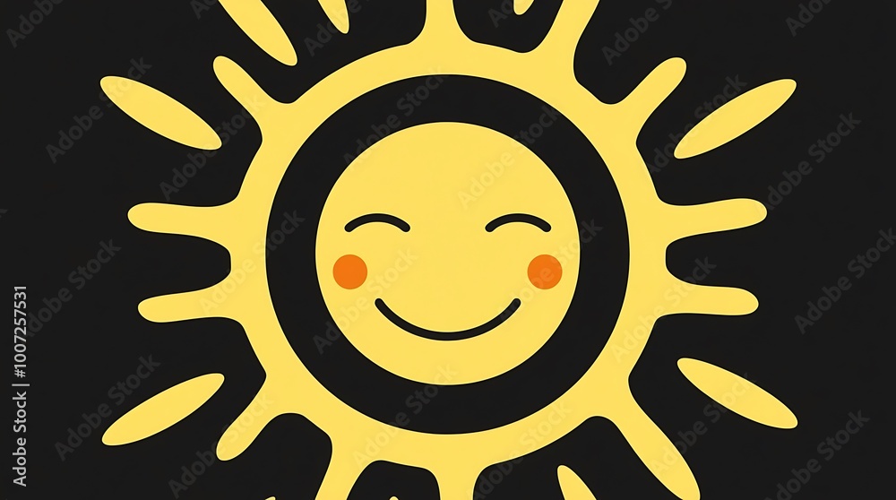 Digital abstract illustration featuring a stylized, smiling sun with a yellow circular face and radiating sunbeams om a solid black background Digital abstract illustration featuring a stylized, smiling sun with a yellow circular face and radiating sunbeams om a solid black background