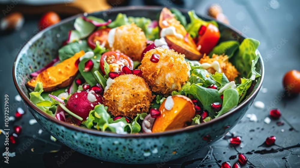 Vibrant salad with fresh lettuce, carrots, pomegranate, baked sweet potato and crispy tuna patties Vibrant salad with fresh lettuce, carrots, pomegranate, baked sweet potato and crispy tuna patties