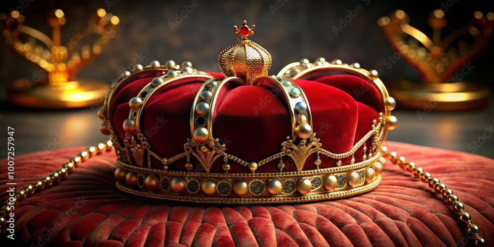 Golden Crown on Red Velvet Cushion, 3D Render, Royalty, Power, Luxury Golden Crown on Red Velvet Cushion, 3D Render, Royalty, Power, Luxury