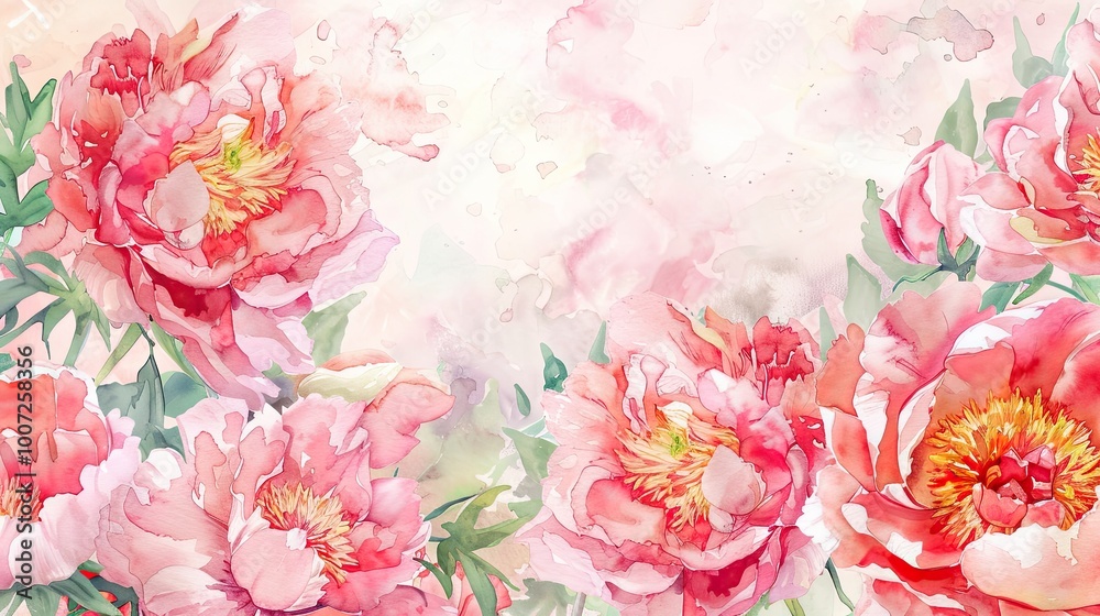Delicate pink peonies bloom beautifully in a soft watercolor background, creating an elegant floral arrangement Delicate pink peonies bloom beautifully in a soft watercolor background, creating an elegant floral arrangement