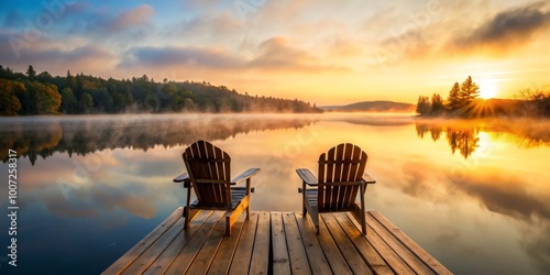 Golden Hour Reflections on a Misty Lake, Adirondack Chairs, Dock, Sunset, Lake, Mist, Nature