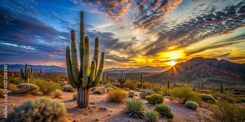 Golden Hour in the Sonoran Desert, Landscape Photography, Cactus Silhouette, Dramatic Sunset, Arizona Desert, ,Sonoran Desert