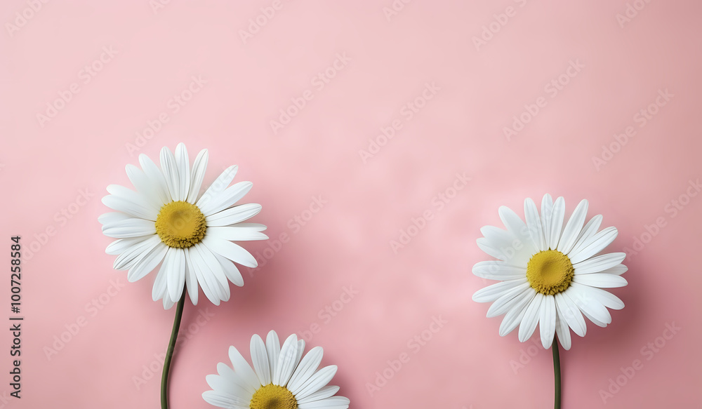 Obraz premium white daisies on a pink pastel paper texture background with copy space