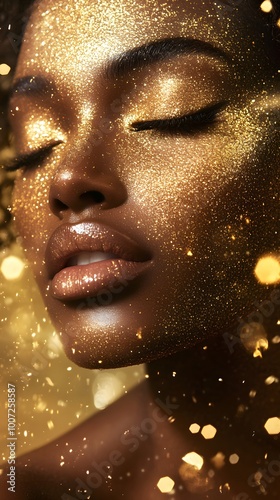 A beautiful Black woman with gold glitter on her face, surrounded by golden particles and dust in the air