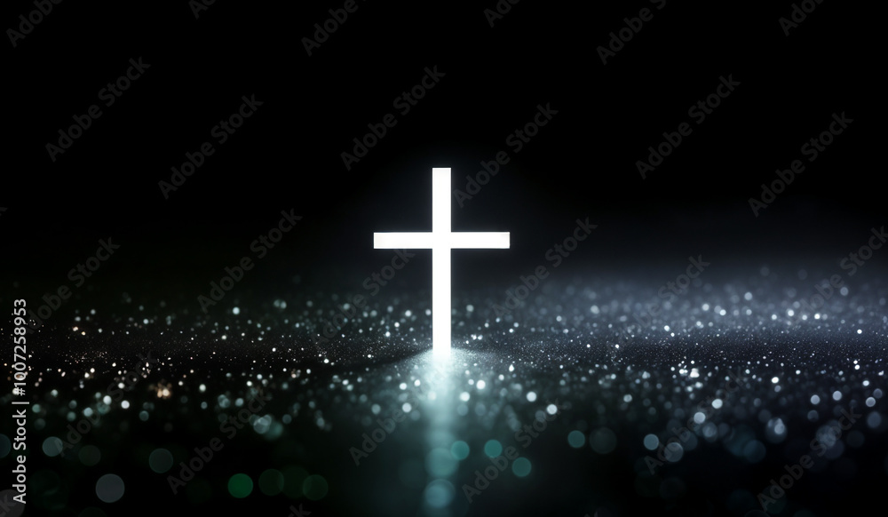 White holographic glowing Christian cross with copy space. White holographic glowing Christian cross with copy space.