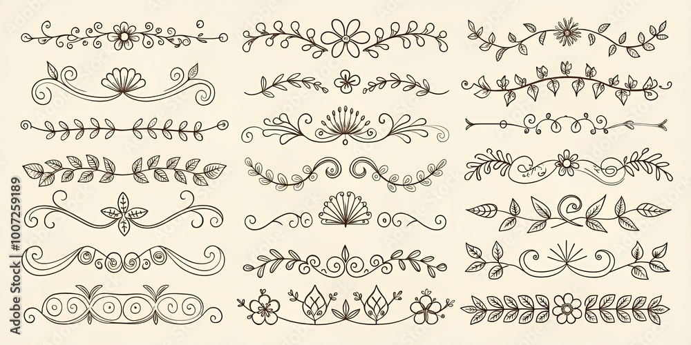 Hand-drawn Floral Borders 18 Line Art Divider Elements, Flowers and Swirls, Vector Illustration , dividers, design, floral Hand-drawn Floral Borders 18 Line Art Divider Elements, Flowers and Swirls, Vector Illustration , dividers, design, floral