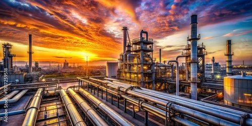 Industrial Sunset Pipes and Towers at Golden Hour, Sunset, Refinery, Industry