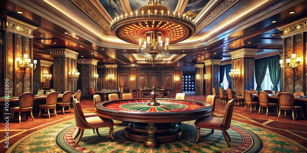 Obraz premium Luxury Casino Roulette Table with Golden Chandelier, 3D Render, Interior Design, Gambling, Casino Games
