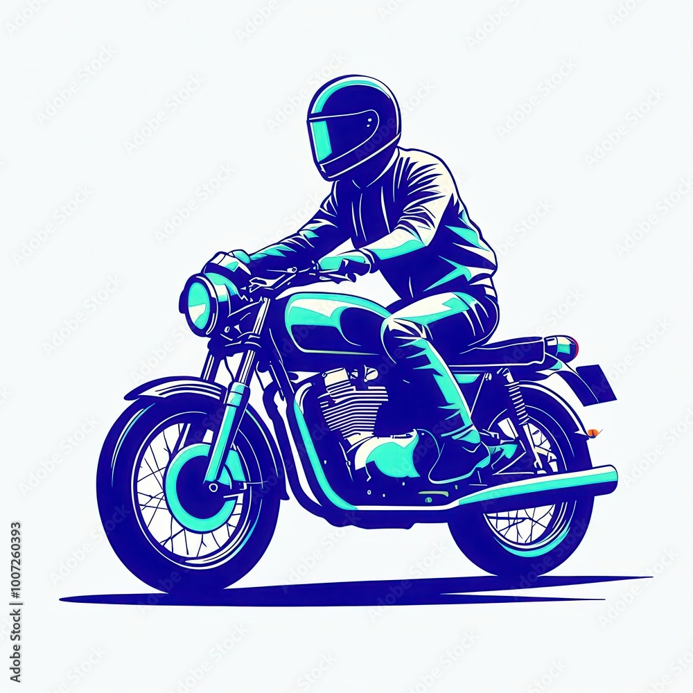 A stylized illustration of a motorcyclist riding a classic motorcycle in vibrant colors. A stylized illustration of a motorcyclist riding a classic motorcycle in vibrant colors.