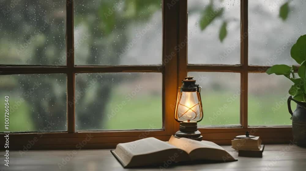 Oil Lamp and Open Book on a Windowsill with Rain Outside