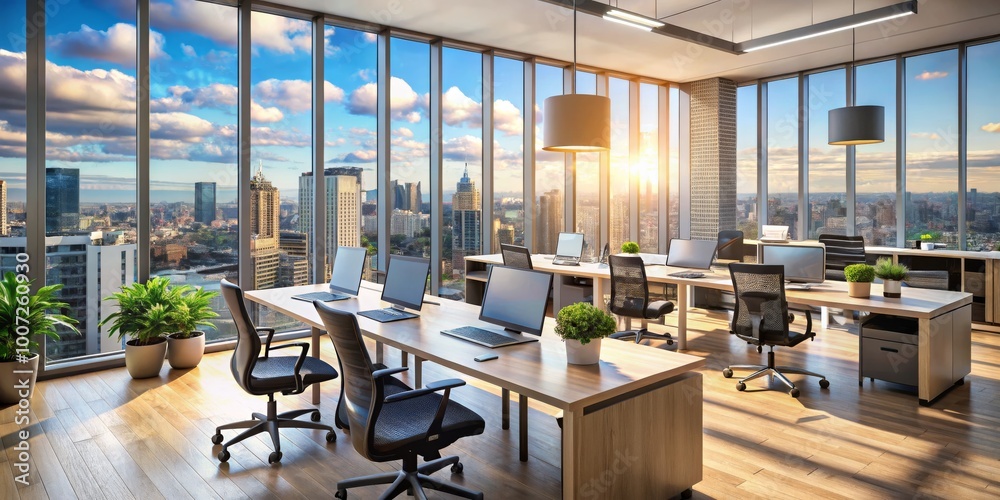 Modern Office with City View at Sunset, Modern Office Design, Cityscape View, Office Space Modern Office with City View at Sunset, Modern Office Design, Cityscape View, Office Space