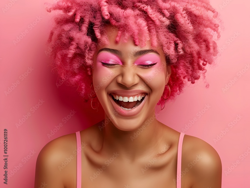 Portrait of a happy young black woman with pink hair Portrait of a happy young black woman with pink hair
