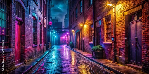 Neon Glow on Brick Alley, Nighttime Cityscape, Urban Exploration, City Lights, Brick Walls, Street Photography, Cityscape